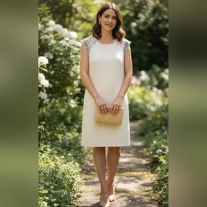 💚 J. Crew Cream Dress with Lace Shoulders